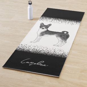 Cute Basenji Dog In Black And White & Custom Text Yoga Mat