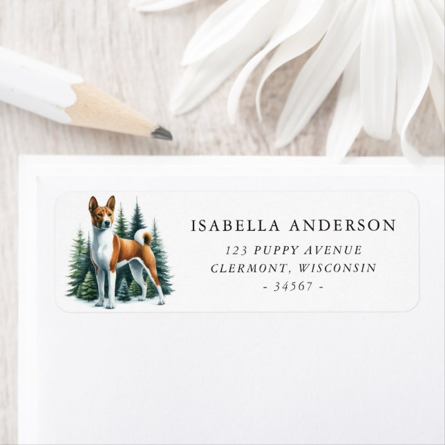 Cute Basenji Dog Winter Watercolor Address (Insitu)