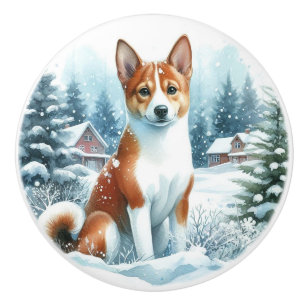Cute Basenji Winter Watercolor Art Ceramic Knob