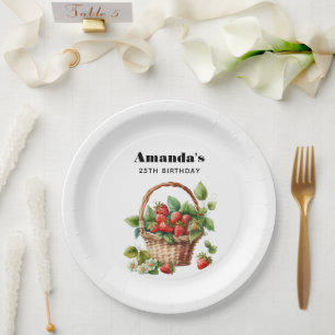 Cute Basket Full of Strawberries Birthday Paper Plate