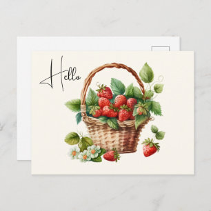 Cute Basket Full of Strawberries Hello Postcard