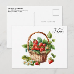 Cute Basket Full of Strawberries Hello Postcard