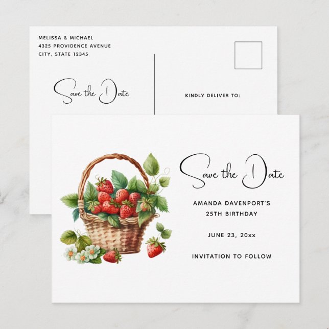 Cute Basket Full of Strawberries Save the Date Invitation Postcard (Front/Back)