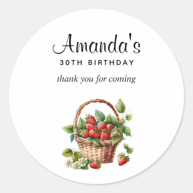 Cute Basket of Strawberries Birthday Thank You Classic Round Sticker (Front)