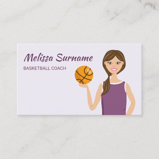 Cute Basketball Coach Girl Illustration Purple Business Card (Front)