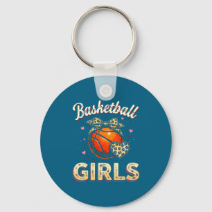 Cute Basketball Girls Leopard Heart Illustration Key Ring
