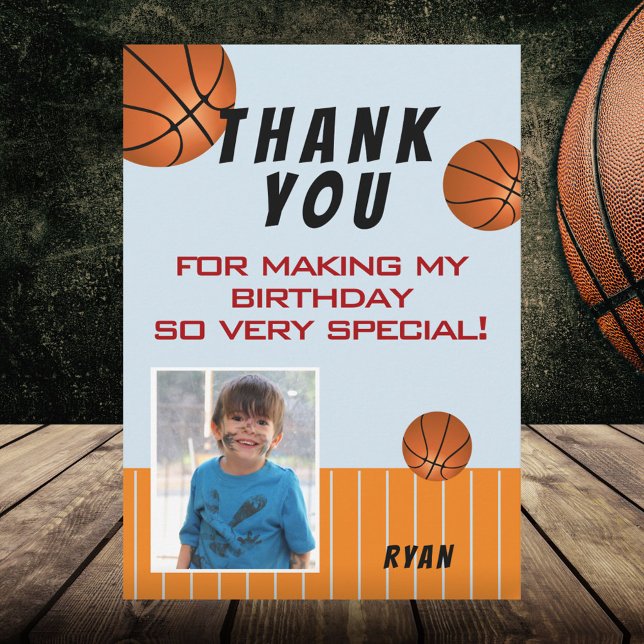 Cute Basketball Kids Birthday Photo Thank You Card (Creator Uploaded)
