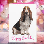 Cute Basset Hound Birthday Pink Dog Mum Card<br><div class="desc">This cute Basset Hound is ready to party with floppy ears, soulful eyes, and that classic “where’s the cake?” look. Perfect for dog moms, dog dads, pet lovers, and anyone who knows hounds bring the best kind of birthday humour. Whether you’re sending laughs, love, or a little canine mischief, this...</div>