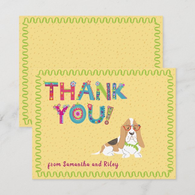 Cute Basset Hound Dog Colourful Floral Letters Thank You Card (Front/Back)