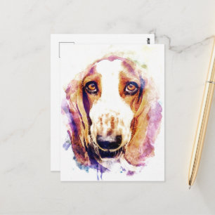 Cute Basset Hound Dog Face Watercolour Postcard