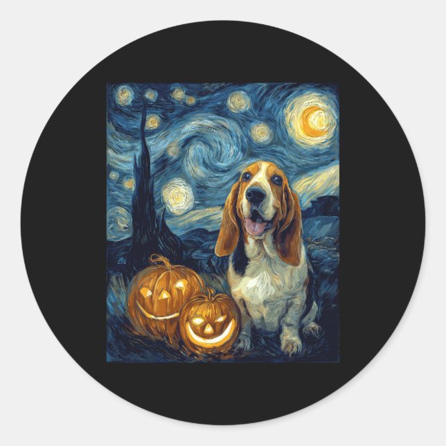 Cute Basset Hound Dog Halloween Jack O Lantern Pum Classic Round Sticker (Front)