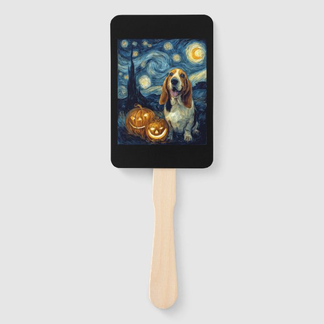 Cute Basset Hound Dog Halloween Jack O Lantern Pum Hand Fan (Front)