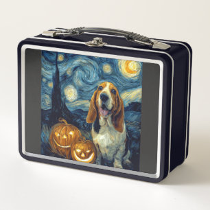 Cute Basset Hound Dog Halloween Jack O Lantern Pum Metal Lunch Box