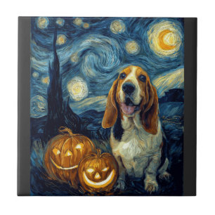 Cute Basset Hound Dog Halloween Jack O Lantern Pum Tile
