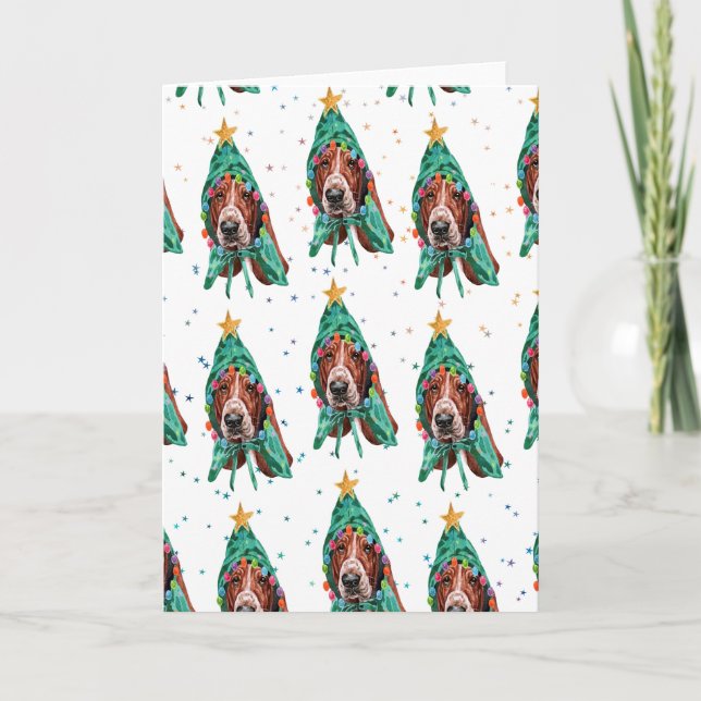 Cute Basset Hound Dog Pattern Christmas Holiday Card (Front)