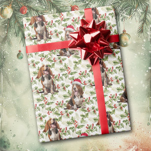 Cute Basset Hound Dog Santa Hat Christmas Holly Wrapping Paper