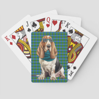 Cute Basset Hound Dog Teal Plaid Monogrammed Playing Cards