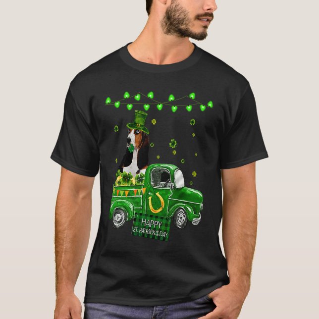 Cute Basset Hound Leprechaun Hat Truck Shamrock St T-Shirt (Front)
