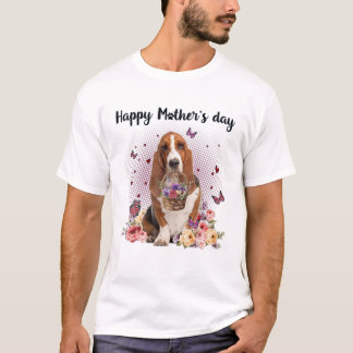 Cute Basset Hound Mum Flower Happy Mother's Day Lo T-Shirt
