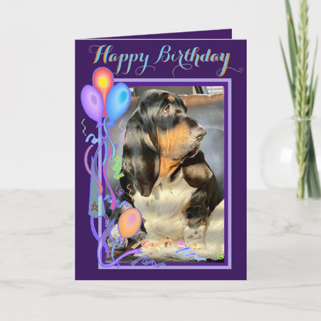 Cute Basset Hound On Funny Birthday Card W/Balloon (Front)