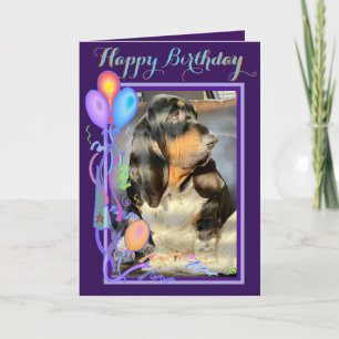Cute Basset Hound On Funny Birthday Card W/Balloon