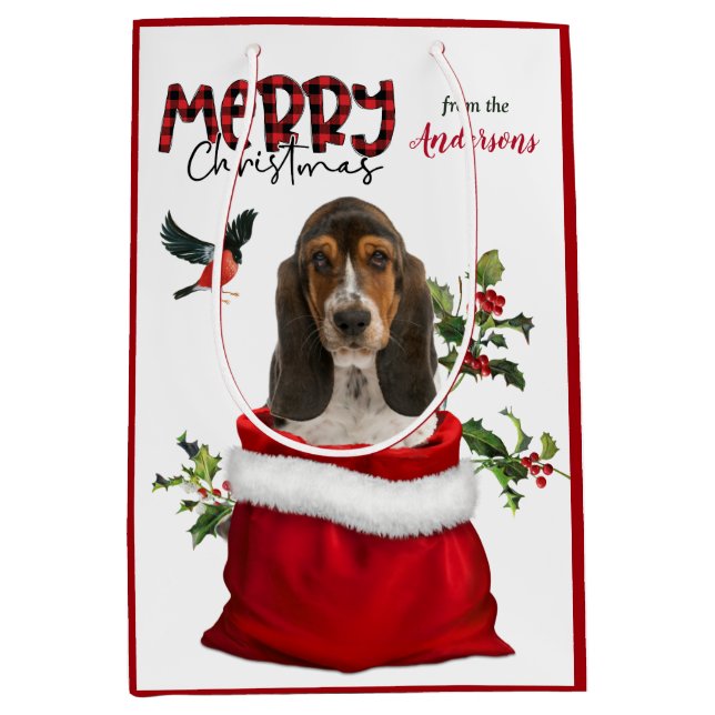 Cute Basset Hound Puppy Dog Christmas Medium Gift Bag (Front)