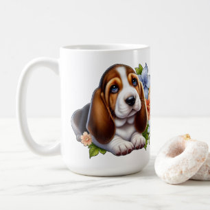 Cute Basset Hound Puppy Sitting with Flowers Coffee Mug