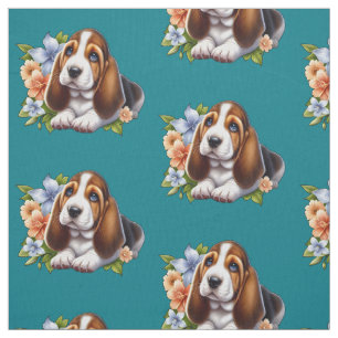 Cute Basset Hound Puppy Sitting with Flowers Fabric