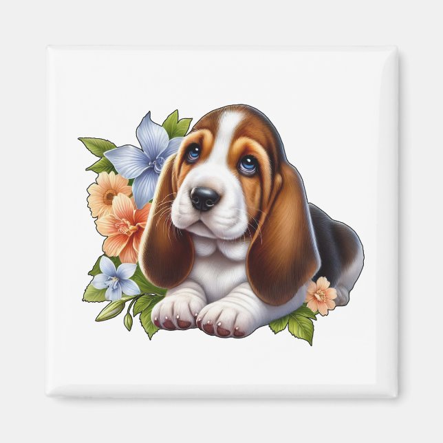 Cute Basset Hound Puppy Sitting with Flowers Magnet (Front)