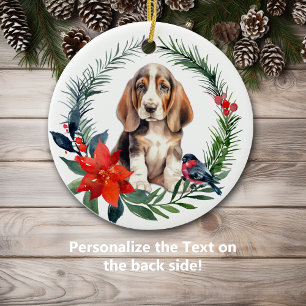 Cute Basset Hound Puppy Watercolor Poinsettia Ceramic Tree Decoration