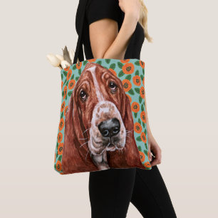 Cute Basset Hound Red Poppy Flower Pattern Tote Bag