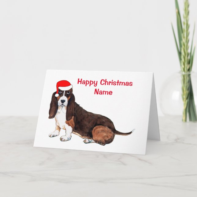 Cute Basset Hound Santa Hat Christmas Holiday Card (Front)