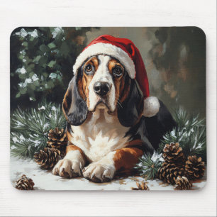 Cute Basset Hound Santa Hat Oil Painting Mouse Mat