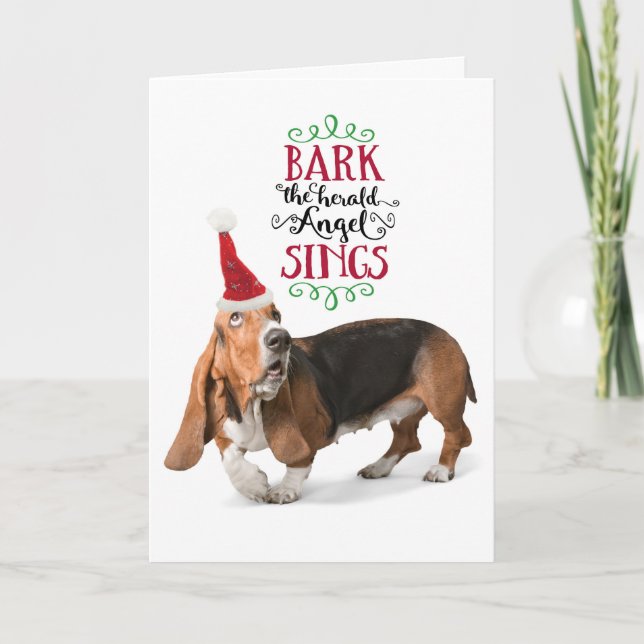 Cute Basset Hound with Santa Hat Holiday Card (Front)