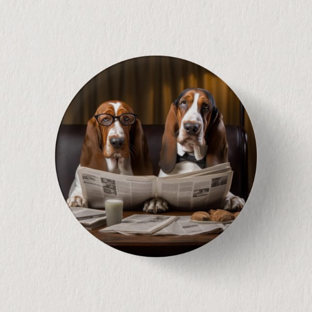 Cute basset hounds reading newspaper 3 cm round badge (Front)