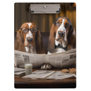 Cute basset hounds reading newspaper clipboard