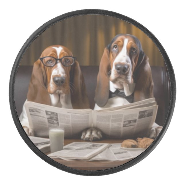 Cute basset hounds reading newspaper hockey puck (Front)