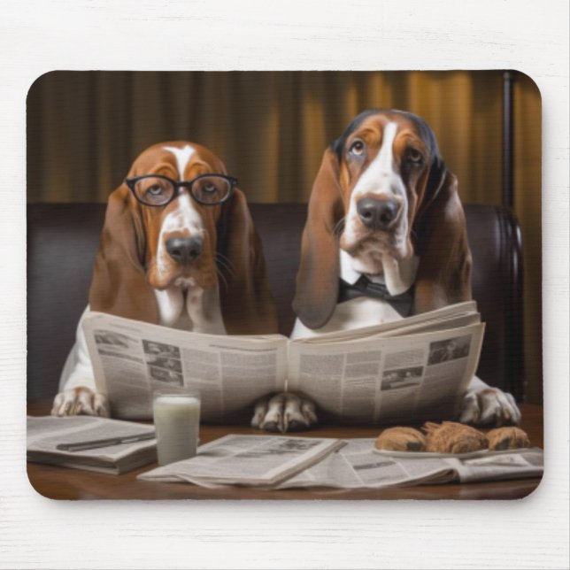 Cute basset hounds reading newspaper mouse mat (Front)