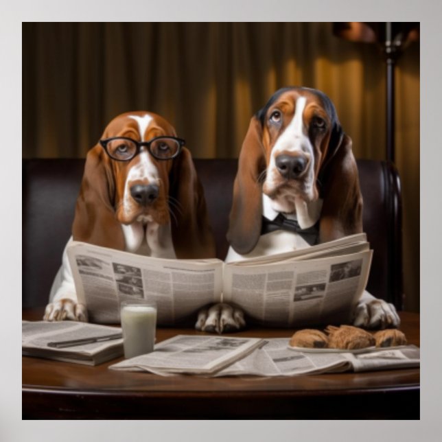 Cute basset hounds reading newspaper poster (Front)