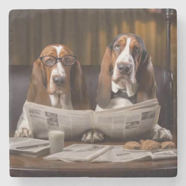 Cute basset hounds reading newspaper stone coaster (Front)