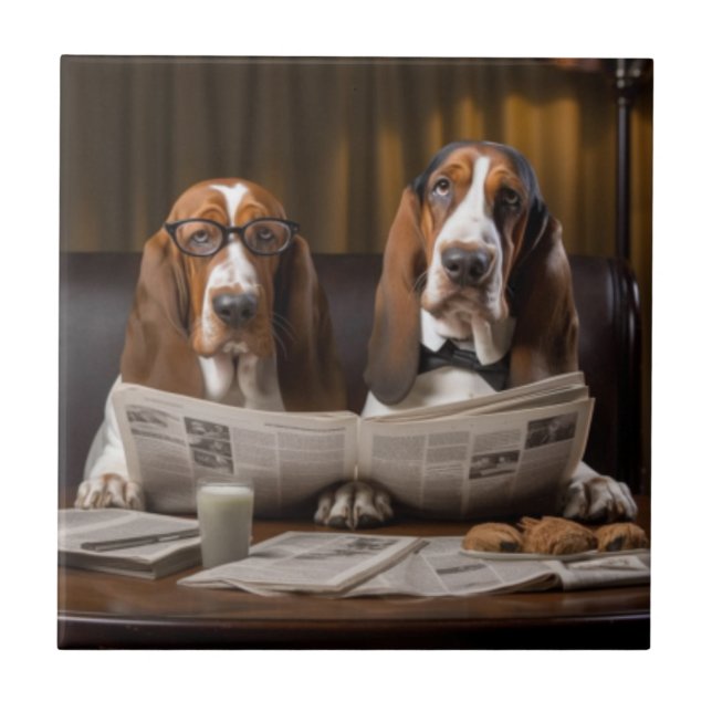 Cute basset hounds reading newspaper tile (Front)