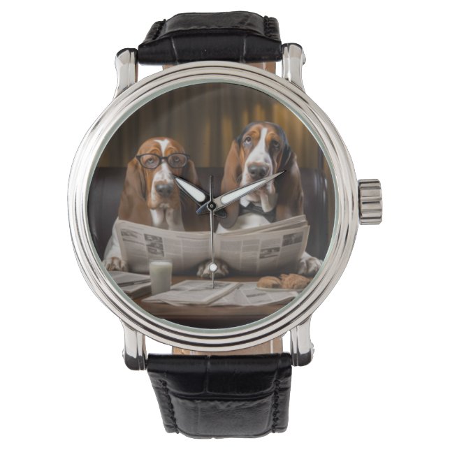 Cute basset hounds reading newspaper watch (Front)