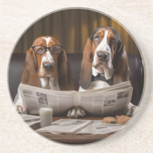 Cute basset hounds reading the news coaster