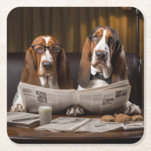 Cute basset hounds reading the news Trivet Square Paper Coaster