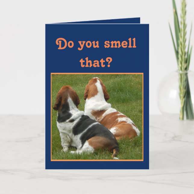 Cute Bassets on Funny Birthday Card with Cake (Front)