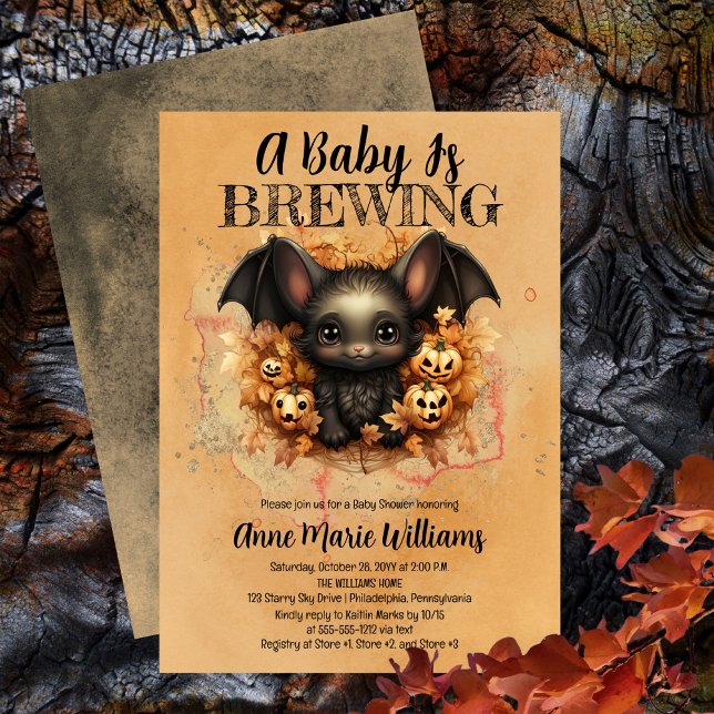 Cute Bat A Baby Is Brewing Baby Shower Invitation ("A Baby Is Brewing" cute baby bat and jack o' lanterns Baby Shower invitation)