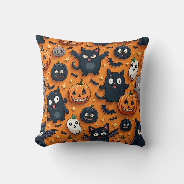 Cute Bat and Cat Pumpkin Halloween Cushion (Front)