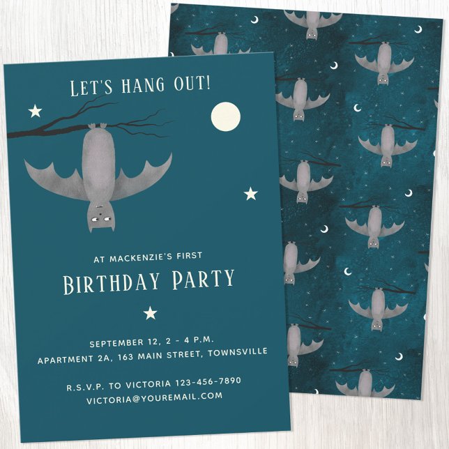 Cute Bat Birthday Invitation (Fun cute vampire bat birthday party invitation)