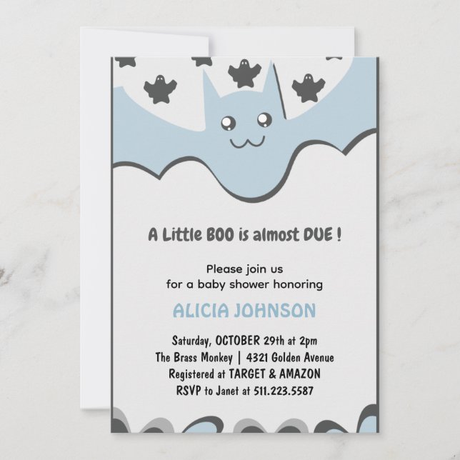 Cute bat Boy Little boo Halloween baby shower  Invitation (Front)