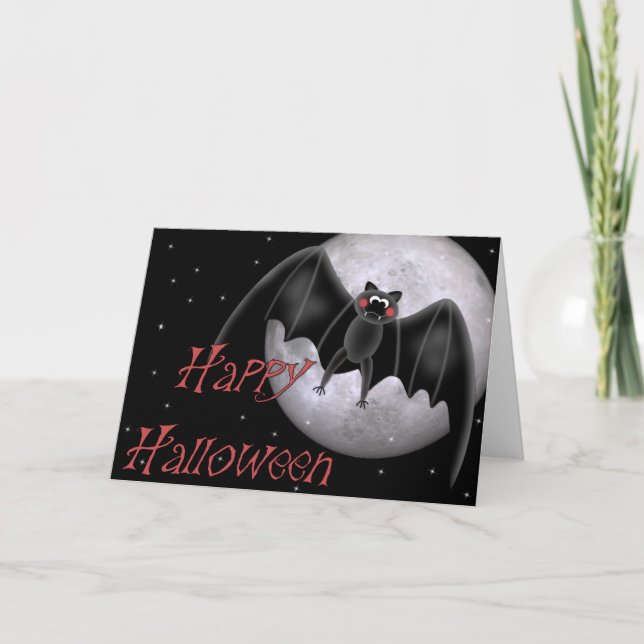 Cute Bat & Bright Moon Happy Halloween Card (Front)